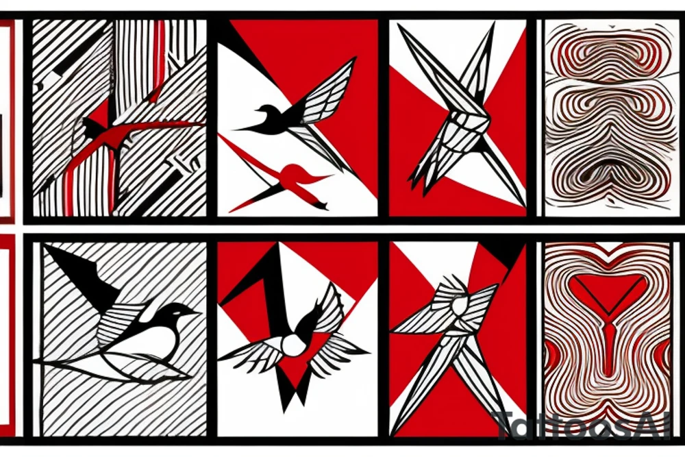 art fusion geometric abstract style robin mid-flight with spread wings, dynamic, small amount of red accent, bold shapes tattoo idea