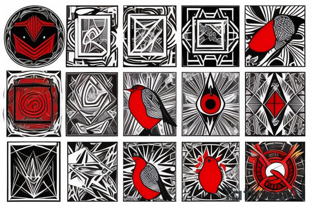 art fusion geometric style robin, dynamic, small amount of red accent, bold shapes tattoo idea