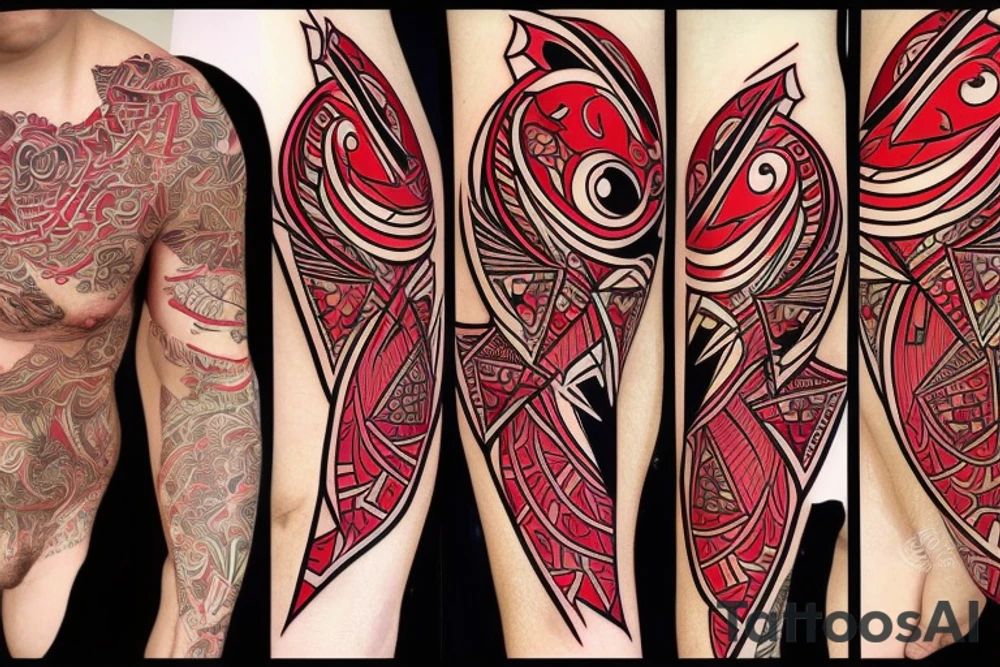 art fusion geometric style robin, dynamic, small amount of red accent, bold shapes tattoo idea