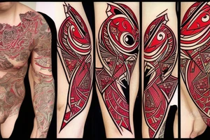 art fusion geometric style robin, dynamic, small amount of red accent, bold shapes tattoo idea