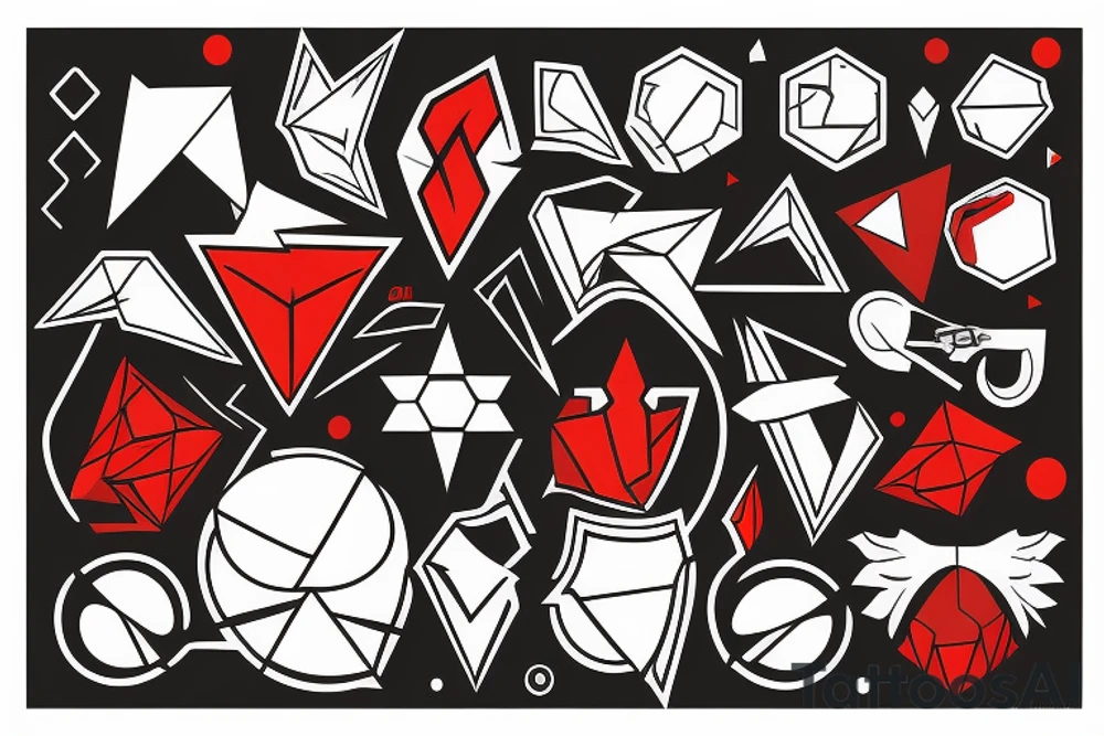 art fusion geometric style robin, dynamic, small amount of red accent, bold shapes tattoo idea