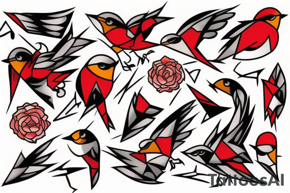 art fusion geometric style robin, dynamic, small amount of red accent tattoo idea