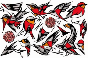 art fusion geometric style robin, dynamic, small amount of red accent tattoo idea