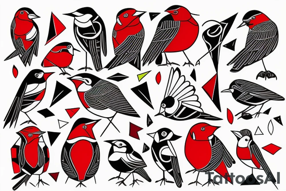 art fusion geometric style robin bird, dynamic, small amount of red accent tattoo idea