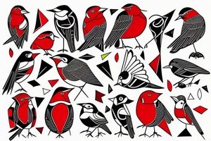 art fusion geometric style robin bird, dynamic, small amount of red accent tattoo idea