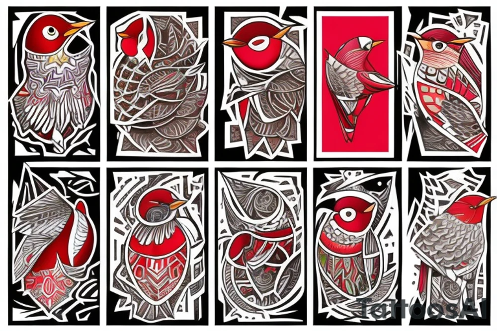 art fusion geometric style robin bird, dynamic, small amount of red accent tattoo idea