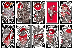 art fusion geometric style robin bird, dynamic, small amount of red accent tattoo idea