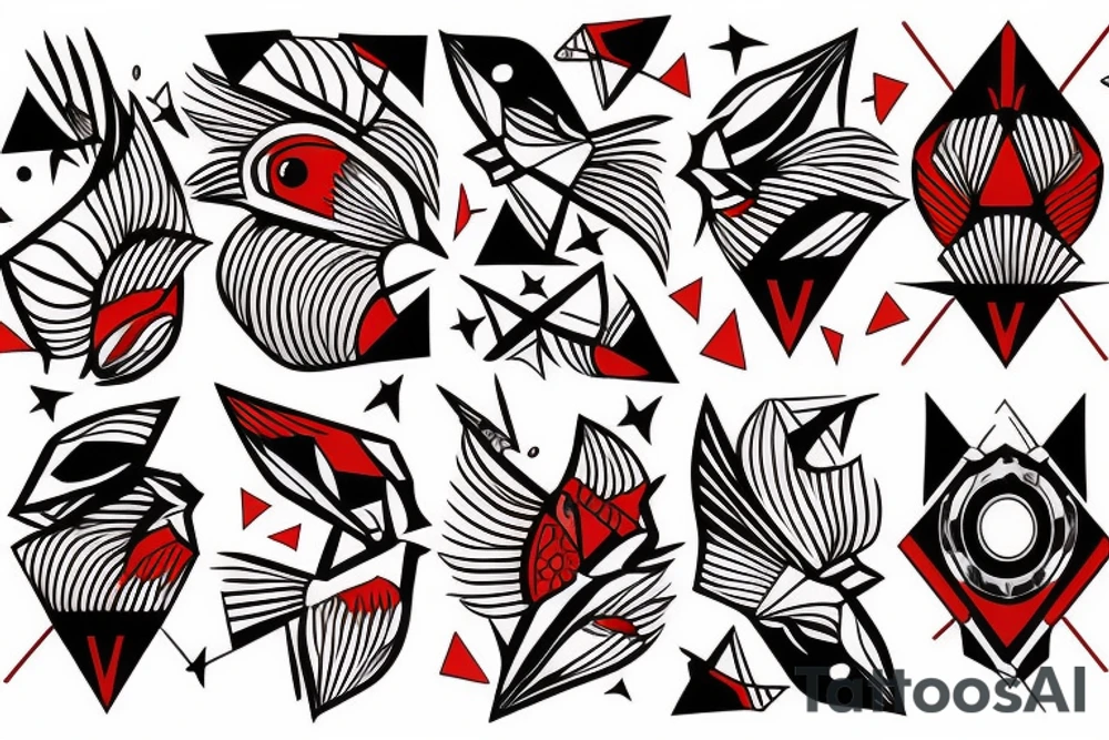 art fusion geometric style robin bird, dynamic, small amount of red accent tattoo idea