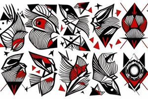 art fusion geometric style robin bird, dynamic, small amount of red accent tattoo idea