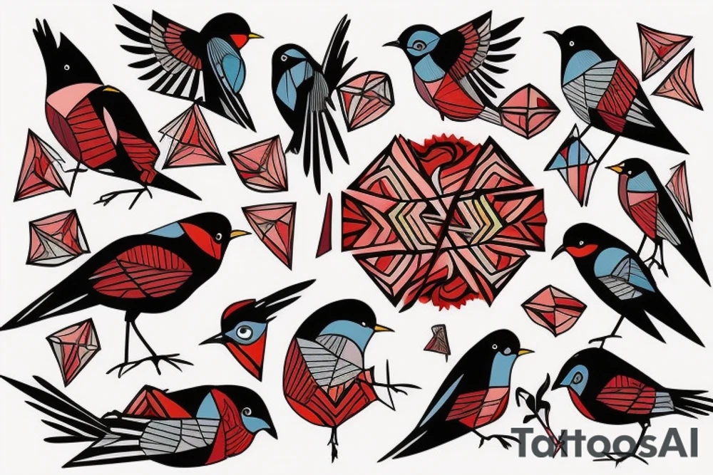 art fusion geometric style robin bird, dynamic, small amount of red accent tattoo idea