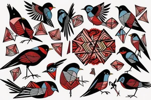 art fusion geometric style robin bird, dynamic, small amount of red accent tattoo idea