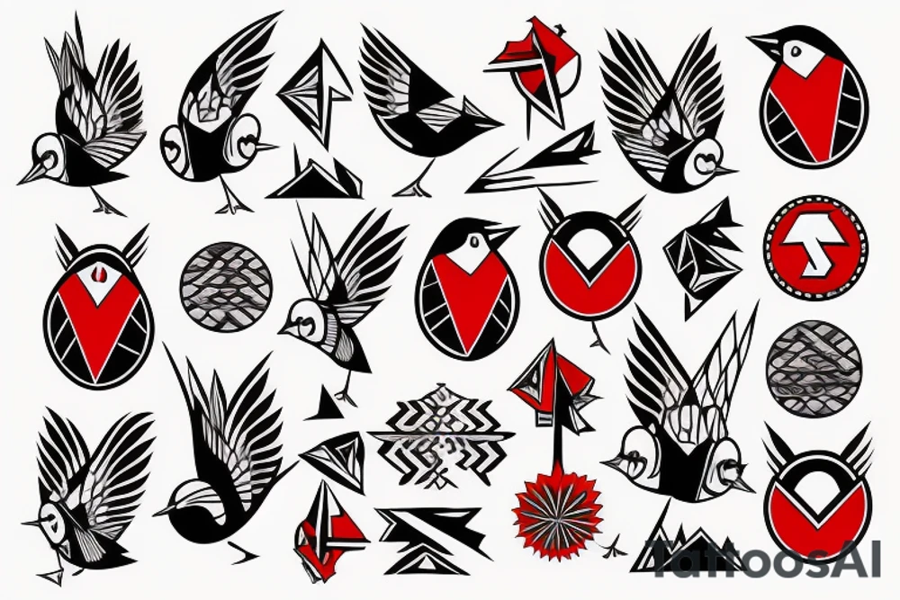 art fusion geometric style robin bird, dynamic, small amount of red accent tattoo idea
