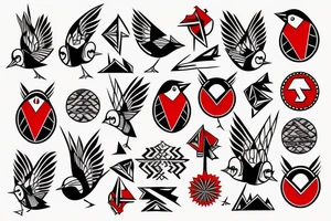 art fusion geometric style robin bird, dynamic, small amount of red accent tattoo idea