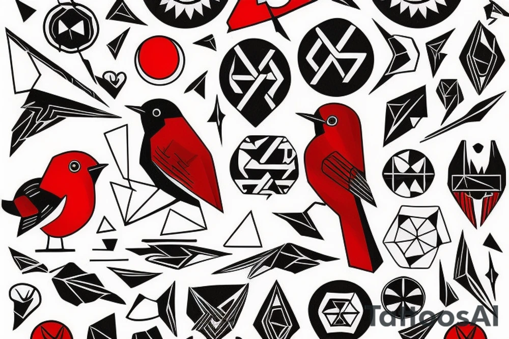 art fusion geometric style robin bird, dynamic, small amount of red accent tattoo idea