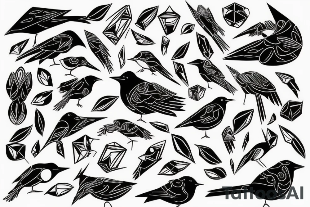 art fusion geometric style robin bird, dynamic, small amount of red accent tattoo idea