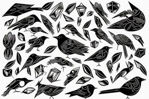 art fusion geometric style robin bird, dynamic, small amount of red accent tattoo idea