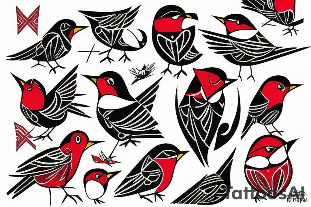 art fusion geometric style robin bird, dynamic, small amount of red accent tattoo idea