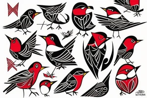 art fusion geometric style robin bird, dynamic, small amount of red accent tattoo idea