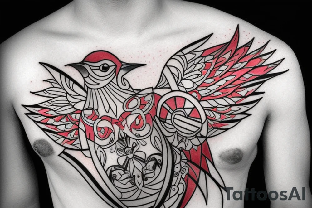 art fusion geometric style robin bird, dynamic, small amount of red accent tattoo idea