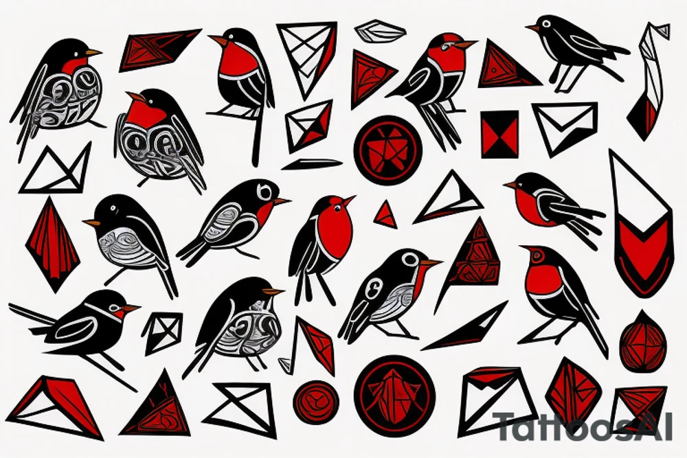 art fusion geometric style robin bird, dynamic, small amount of red accent tattoo idea