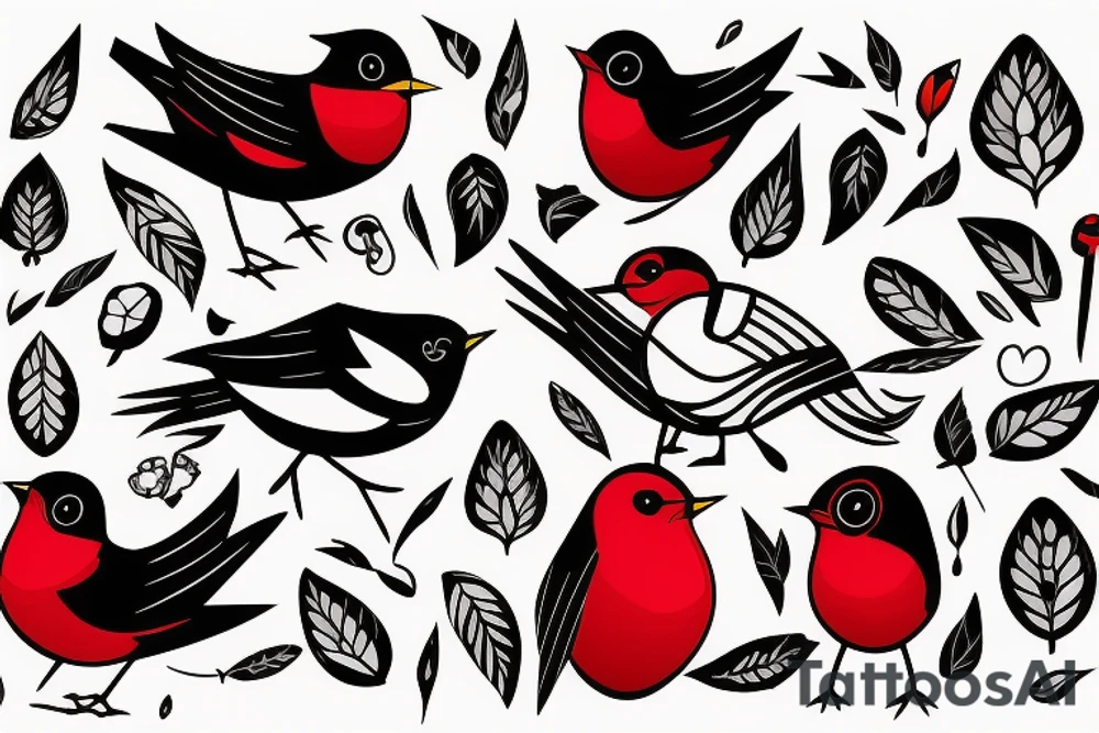 art fusion geometric style robin bird, dynamic, small amount of red accent tattoo idea