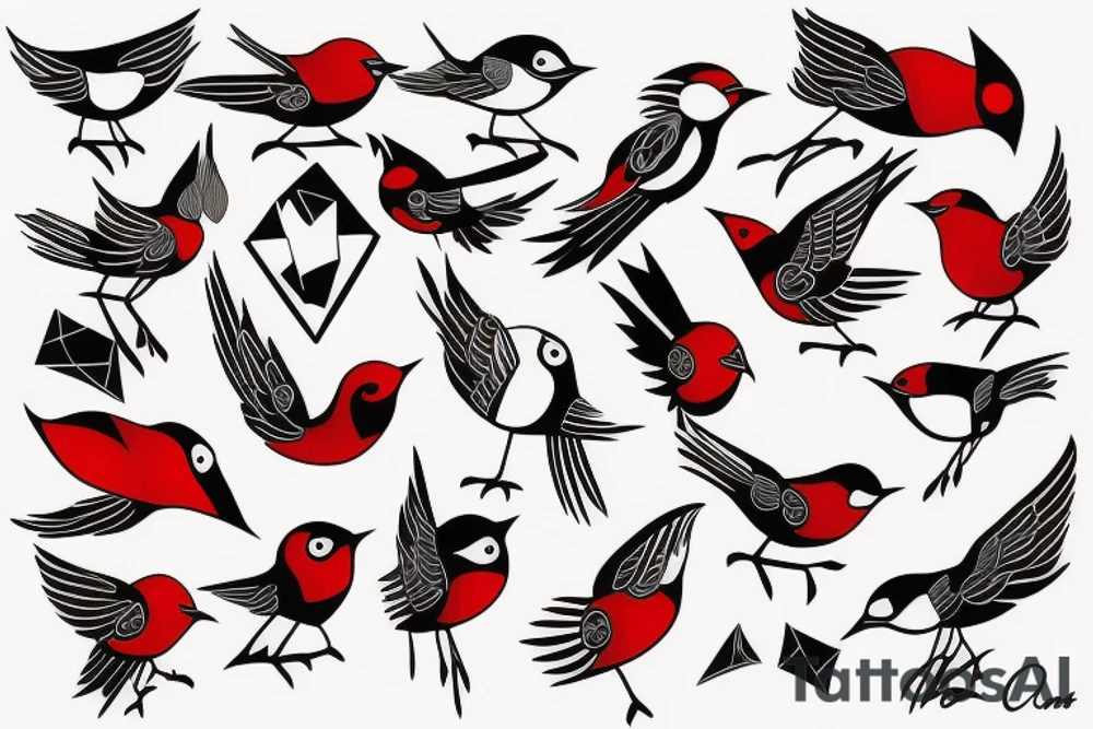 art fusion geometric style robin bird, dynamic, small amount of red accent tattoo idea