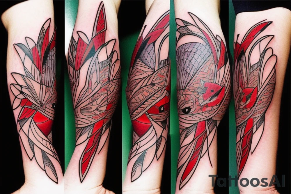 art fusion geometric style robin bird, dynamic, small amount of red accent tattoo idea