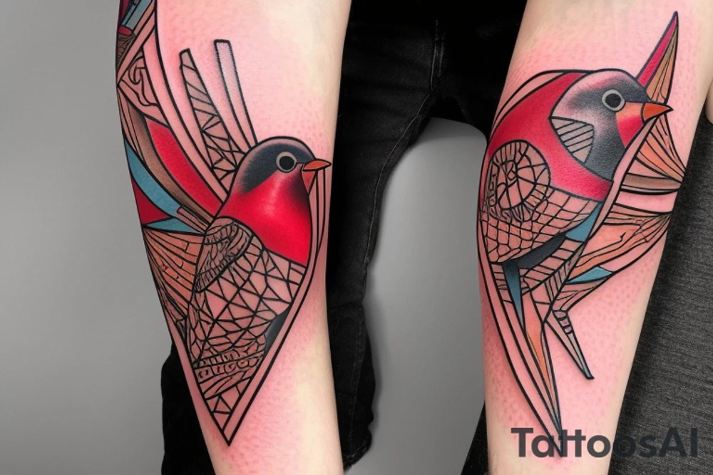 art fusion geometric style robin bird, dynamic, small amount of red accent tattoo idea