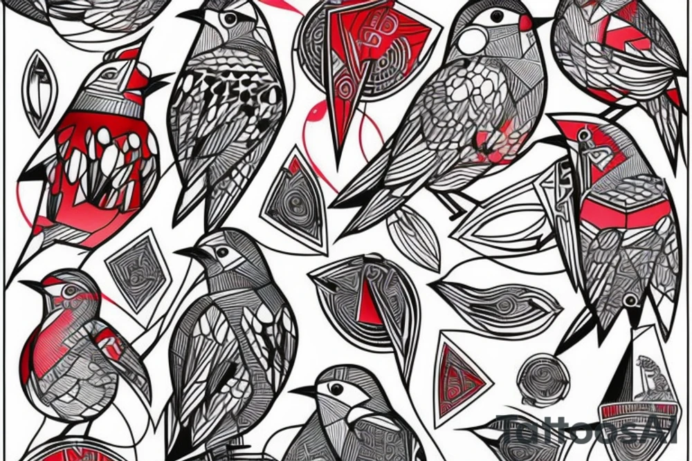 art fusion geometric style robin bird, dynamic, small amount of red accent tattoo idea