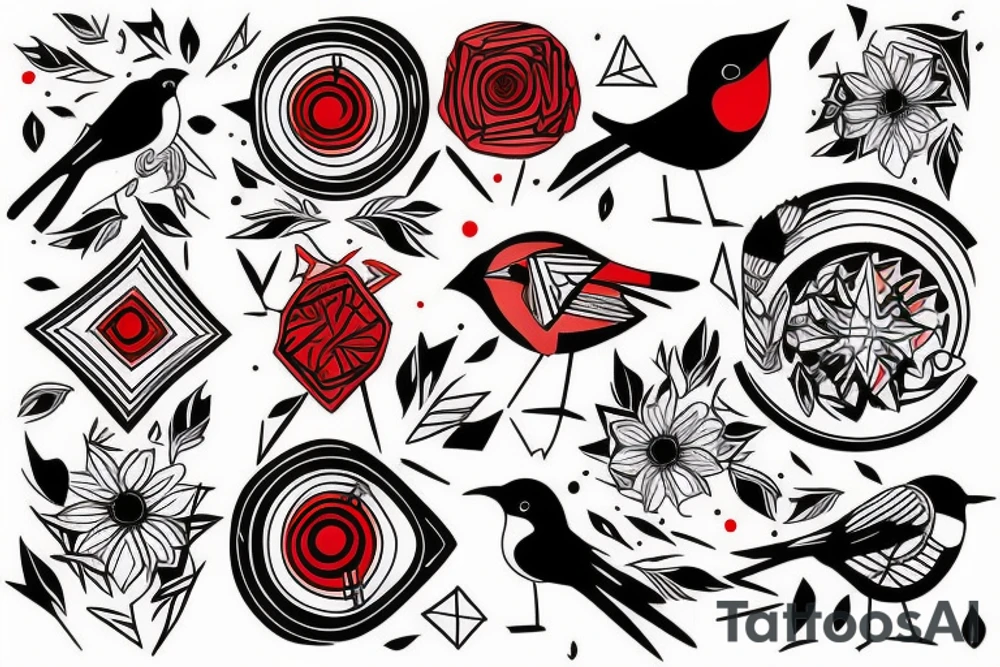 art fusion geometric style robin bird, dynamic, small amount of red accent tattoo idea