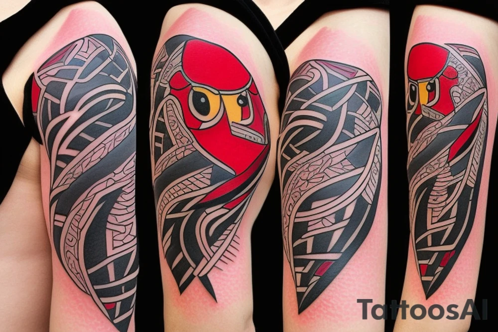 art fusion geometric style robin bird, dynamic, small amount of red accent tattoo idea