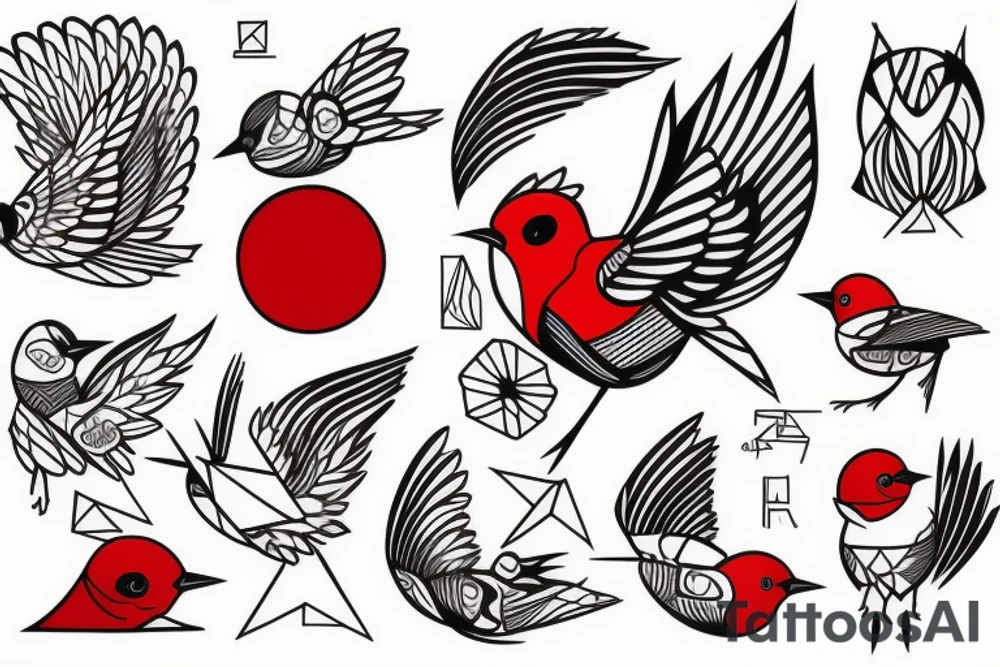 art fusion geometric style robin bird, dynamic, small amount of red accent tattoo idea