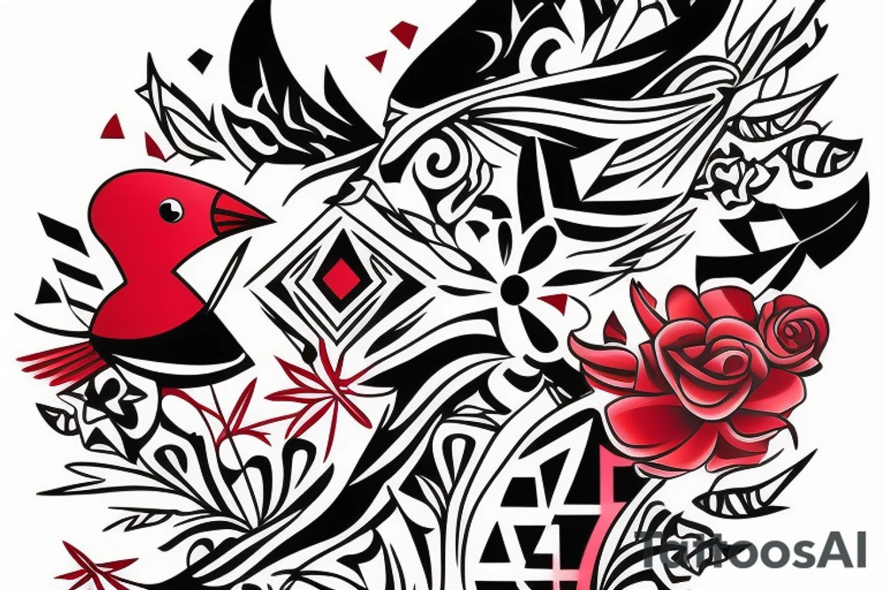 art fusion geometric style robin bird, dynamic, small amount of red accent tattoo idea