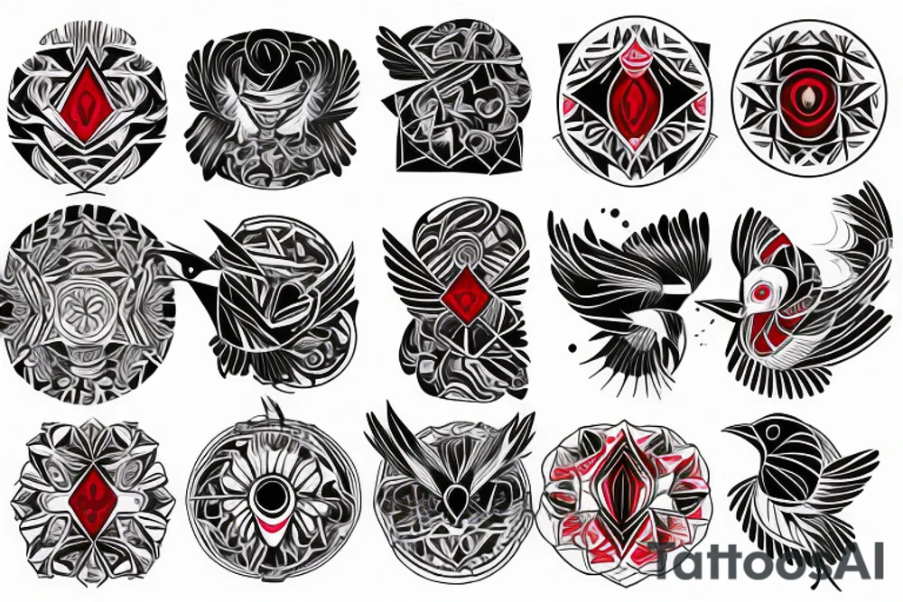 art fusion geometric style robin bird, dynamic, small amount of red accent tattoo idea