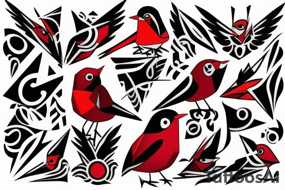 art fusion geometric style robin bird, dynamic, small amount of red accent tattoo idea
