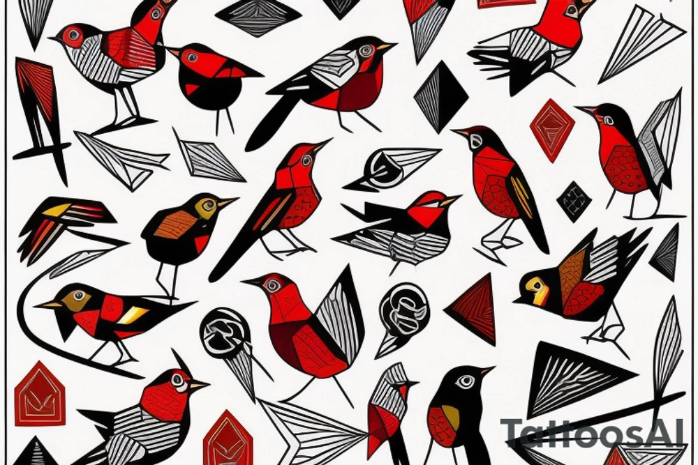 art fusion geometric style robin bird, dynamic, small amount of red accent tattoo idea