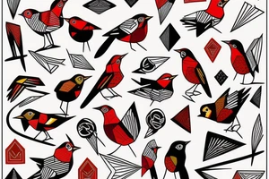 art fusion geometric style robin bird, dynamic, small amount of red accent tattoo idea