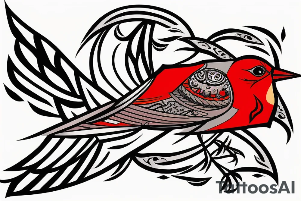art fusion geometric style robin bird, dynamic, small amount of red accent tattoo idea