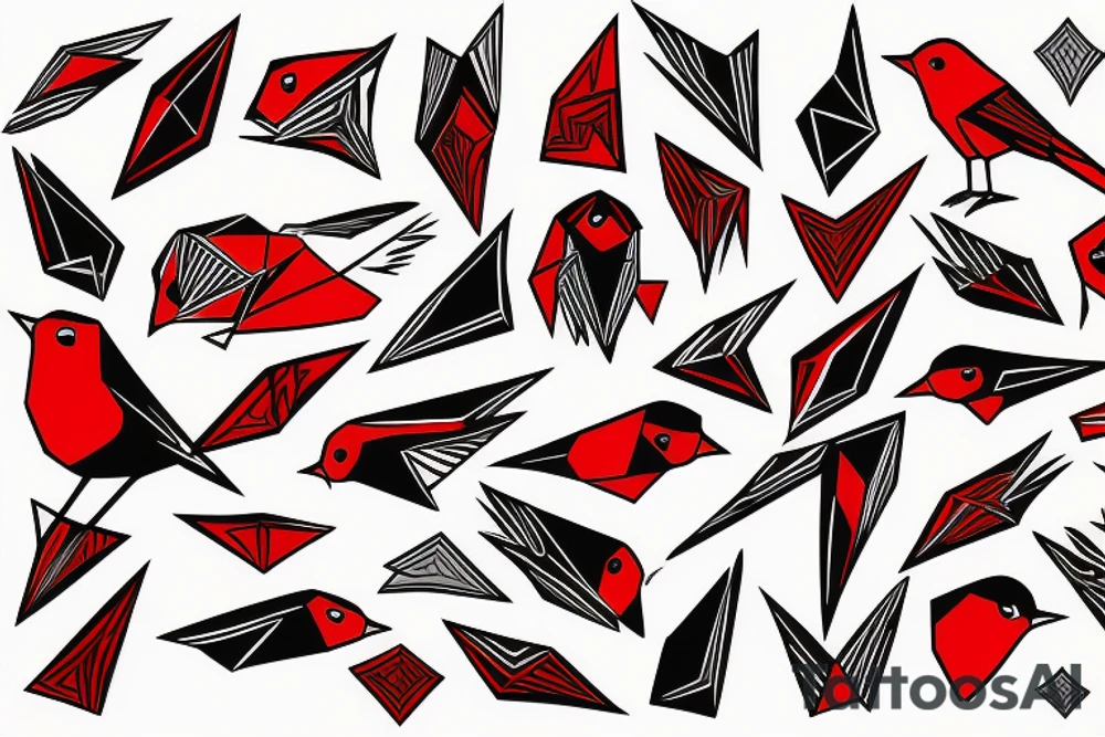 art fusion geometric style robin bird, dynamic, small amount of red accent tattoo idea