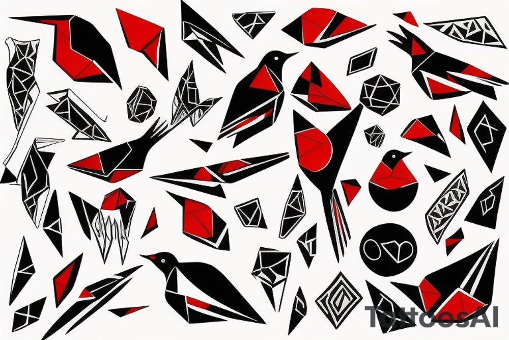 art fusion geometric style robin bird, dynamic, small amount of red accent tattoo idea