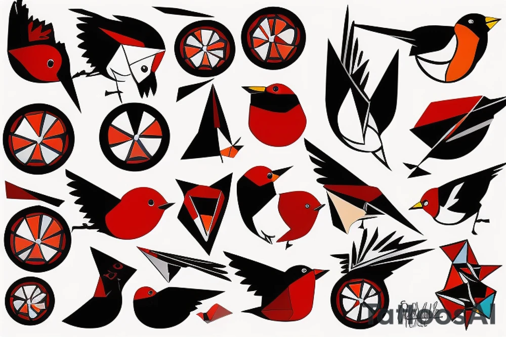 art fusion geometric style robin bird, dynamic, small amount of red accent tattoo idea