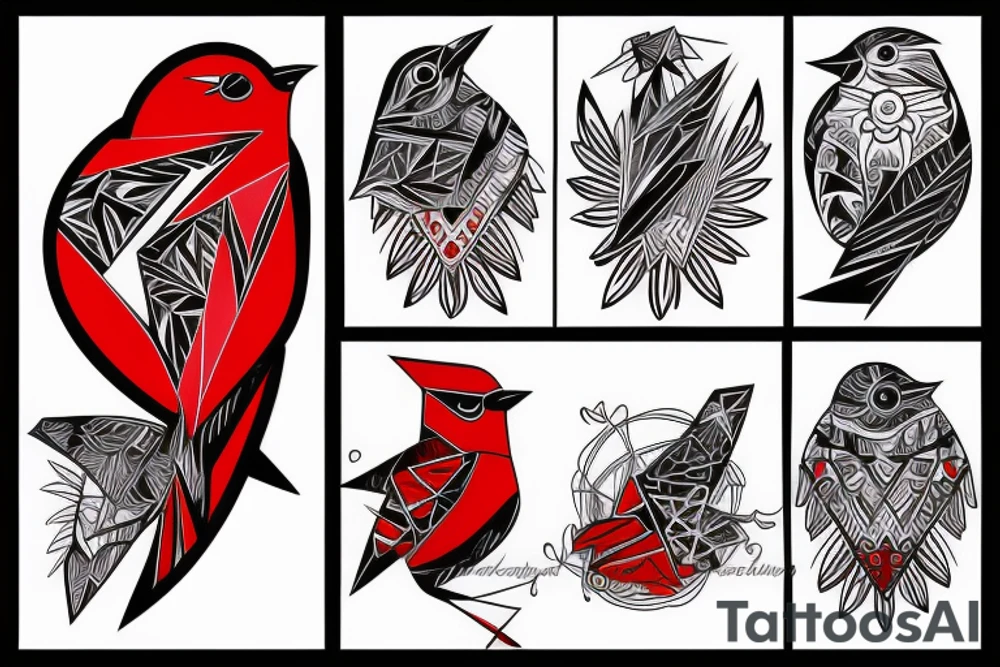 art fusion geometric style robin bird, dynamic, small amount of red accent tattoo idea
