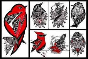 art fusion geometric style robin bird, dynamic, small amount of red accent tattoo idea