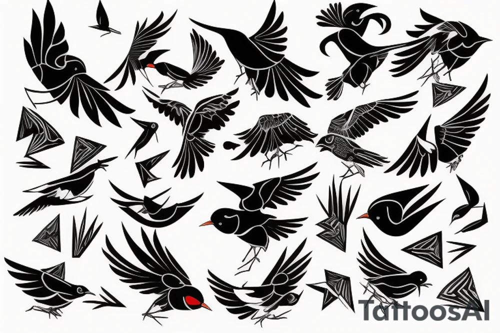 art fusion geometric style robin bird mid-flight, dynamic, small amount of red accent tattoo idea