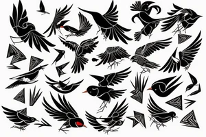 art fusion geometric style robin bird mid-flight, dynamic, small amount of red accent tattoo idea