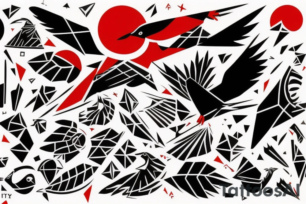 art fusion geometric style robin bird mid-flight, dynamic, small amount of red accent tattoo idea
