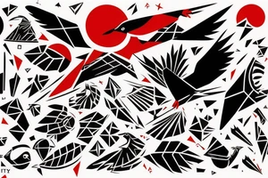 art fusion geometric style robin bird mid-flight, dynamic, small amount of red accent tattoo idea