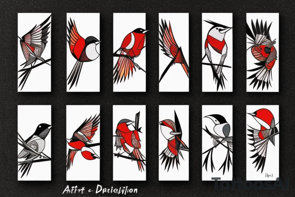 art fusion geometric style robin bird mid-flight, dynamic, small amount of red accent tattoo idea