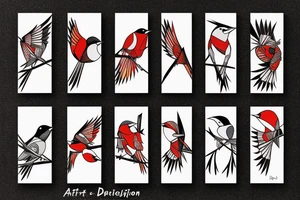 art fusion geometric style robin bird mid-flight, dynamic, small amount of red accent tattoo idea