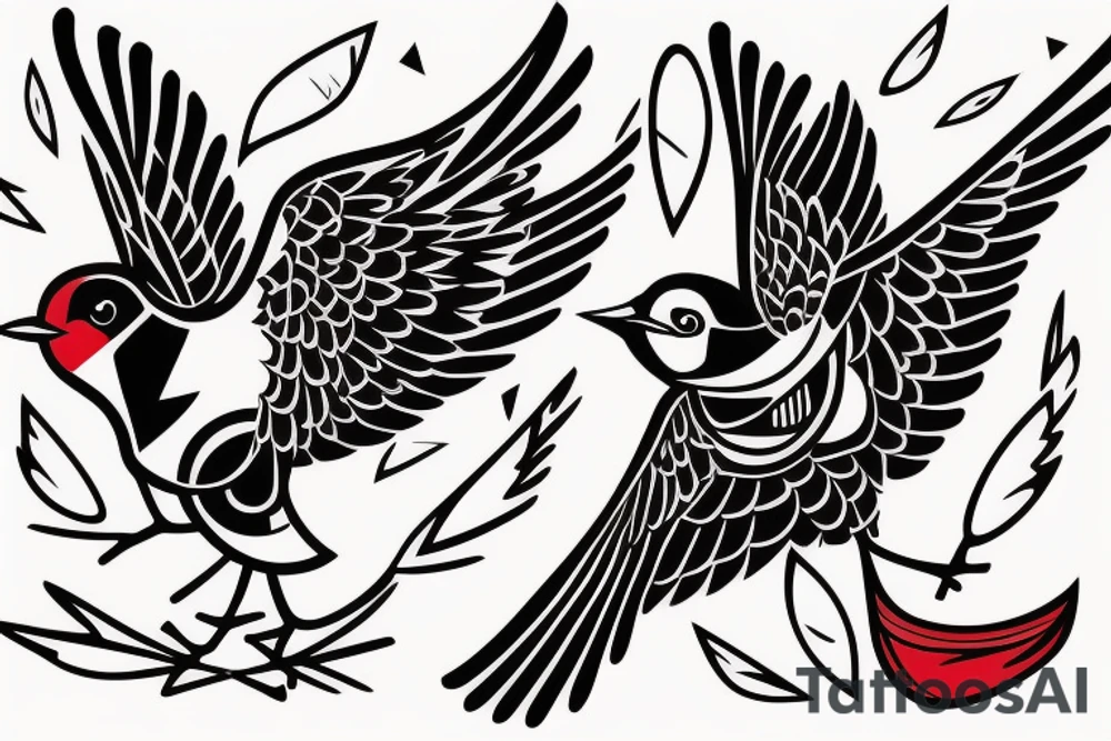 art fusion geometric style robin bird mid-flight, dynamic, small amount of red accent tattoo idea